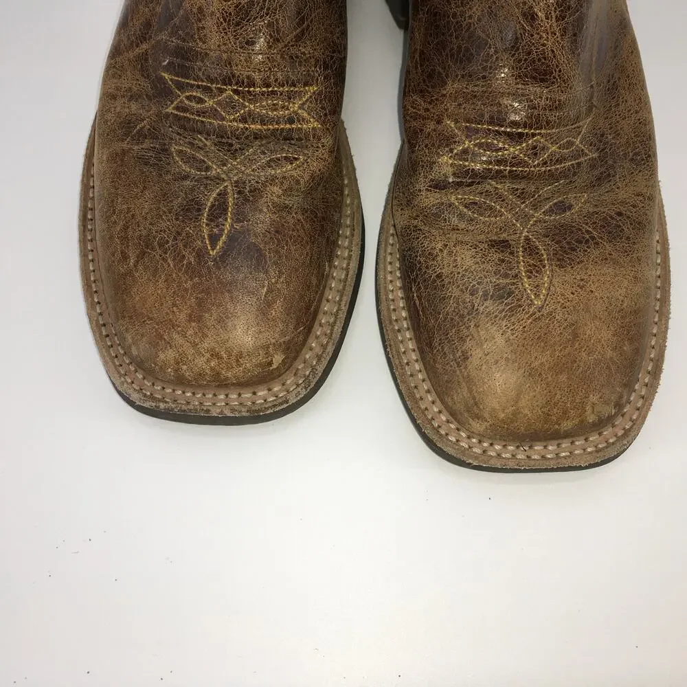 Old West Youth 3.5 D Blue Brown Square Toe Western Boots Cowboy Six-Row Stitch